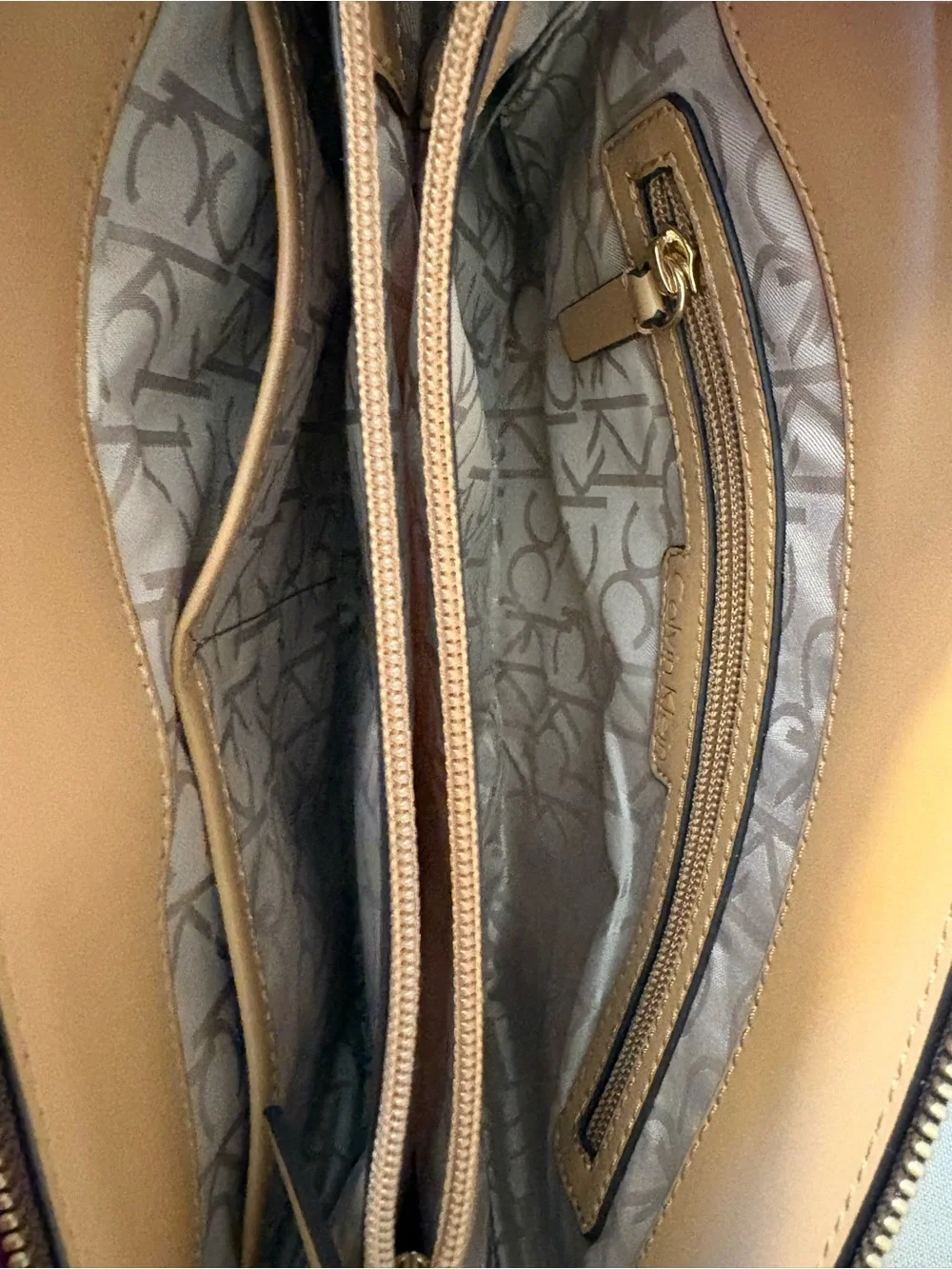 Calvin Klein Signature Monogram Crossbody Bag Brown Gold Chain Logo Plaque